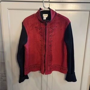 Coldwater Creek Red and Black faux suede Embroidered Blazer Sz L